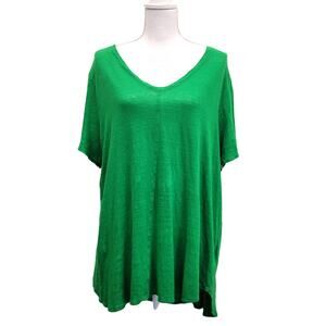 Tahari Top Women's 2X Green 100% Linen V-Neck Short Sleeve High Low Tee Beachy
